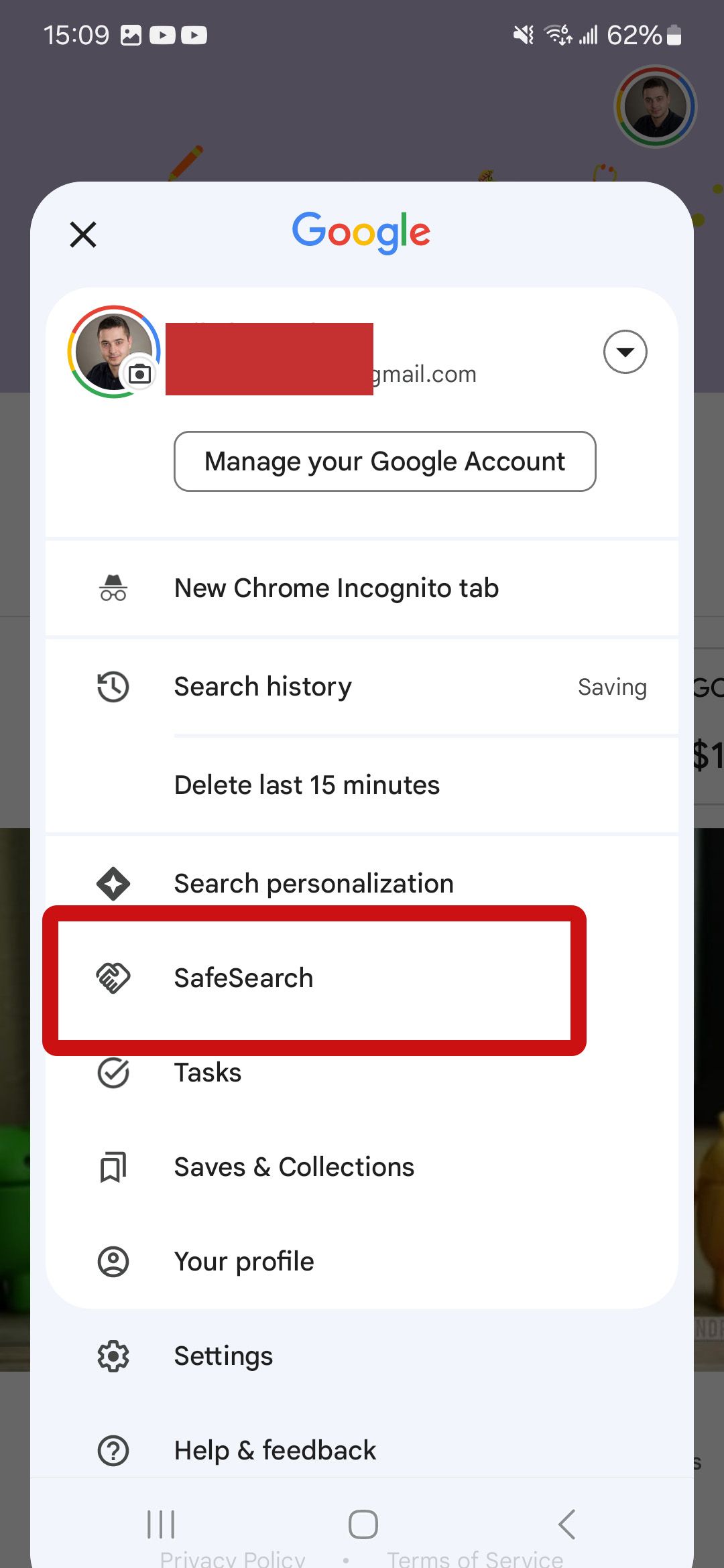 a screenshot of the google search settings screen with a red box around SafeSearch