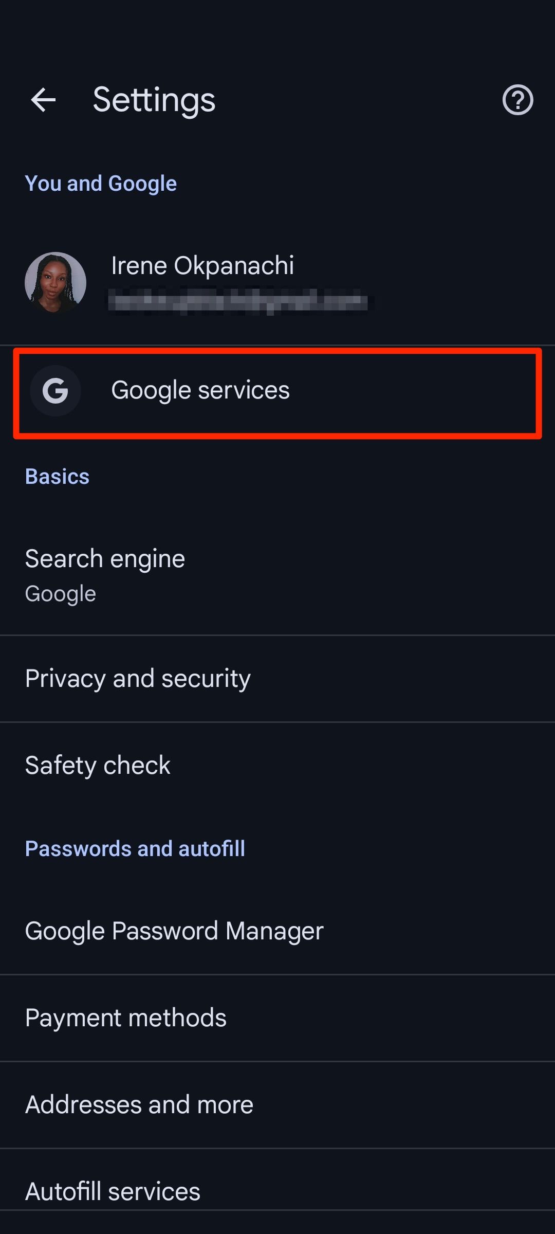 Red box highlighting Google services option in Google Chrome settings