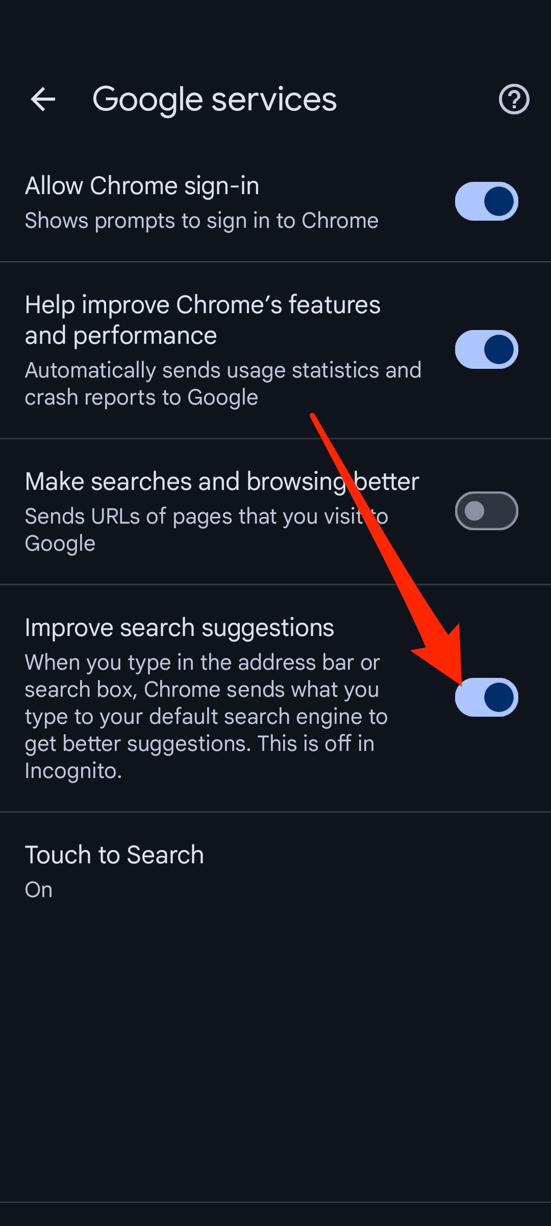 Turning off search suggestions in Google Chrome app