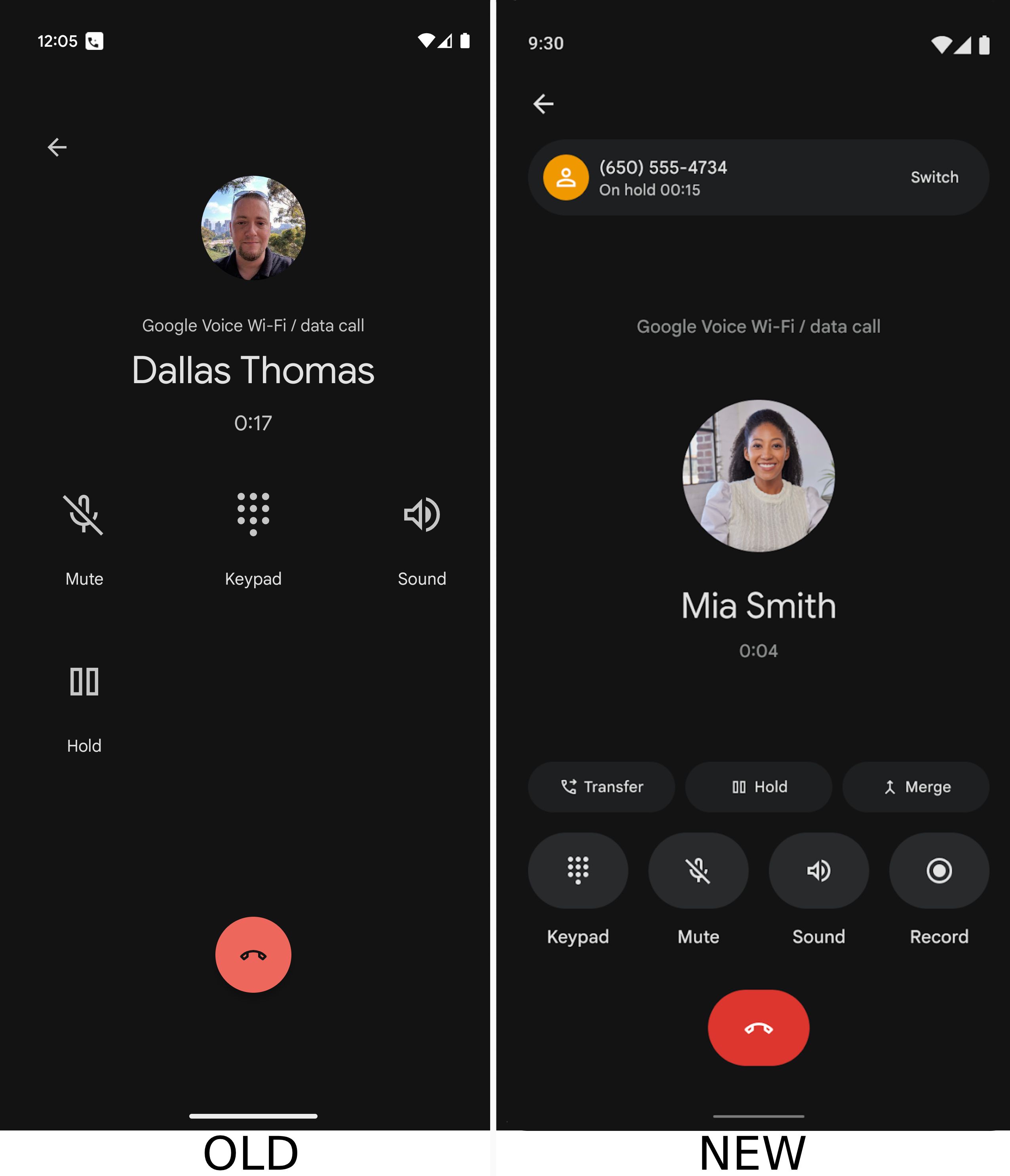 Screenshots highlighting Google Voice's old and new UI.