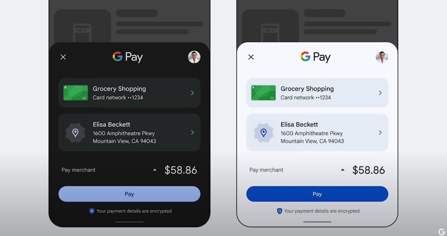 Screnshots of Google Pay's redesigned payment sheet.