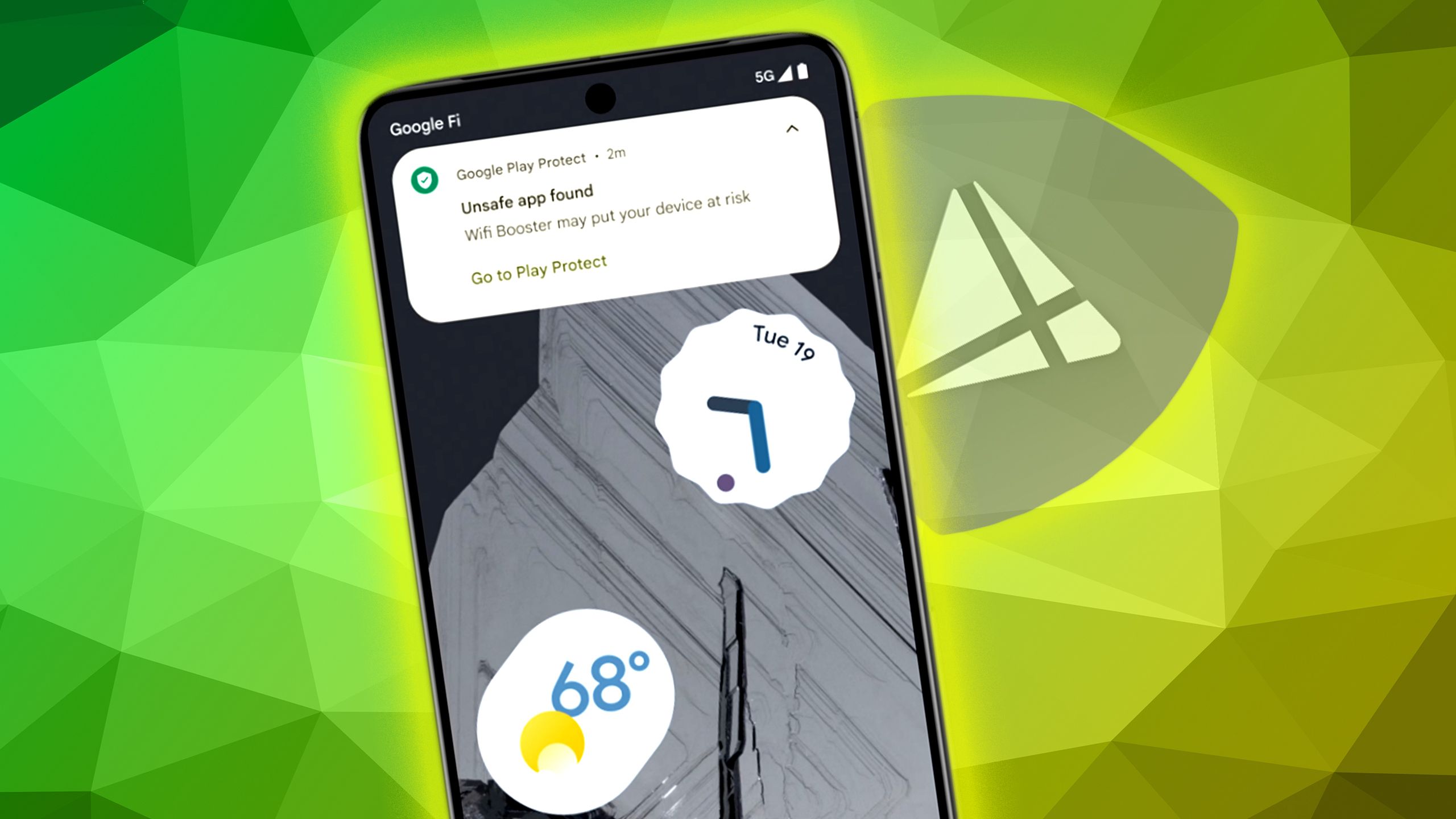 Um telefone que mostra uma notificação de que o Google Play Protect encontrou um aplicativo inseguro