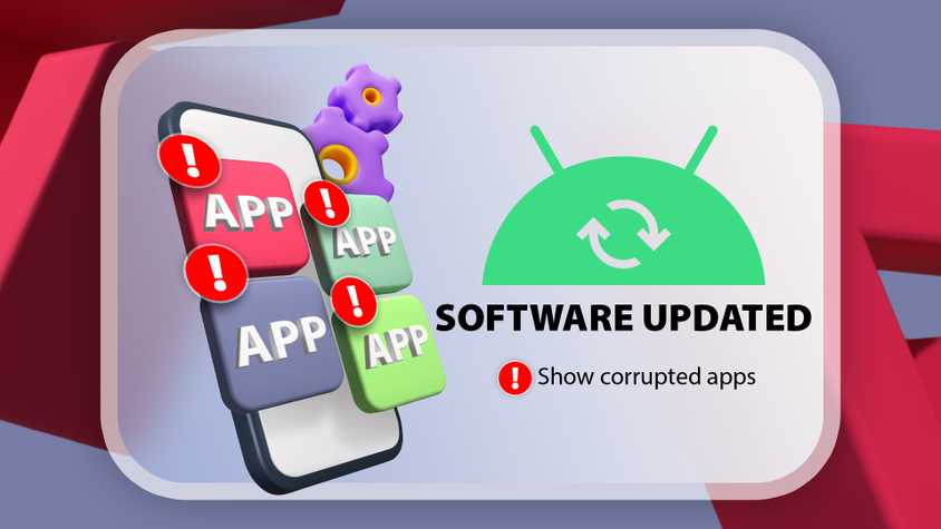 Illustration of a smartphone with some apps showing an alert symbol and a 'Software Updated' notice on the right.