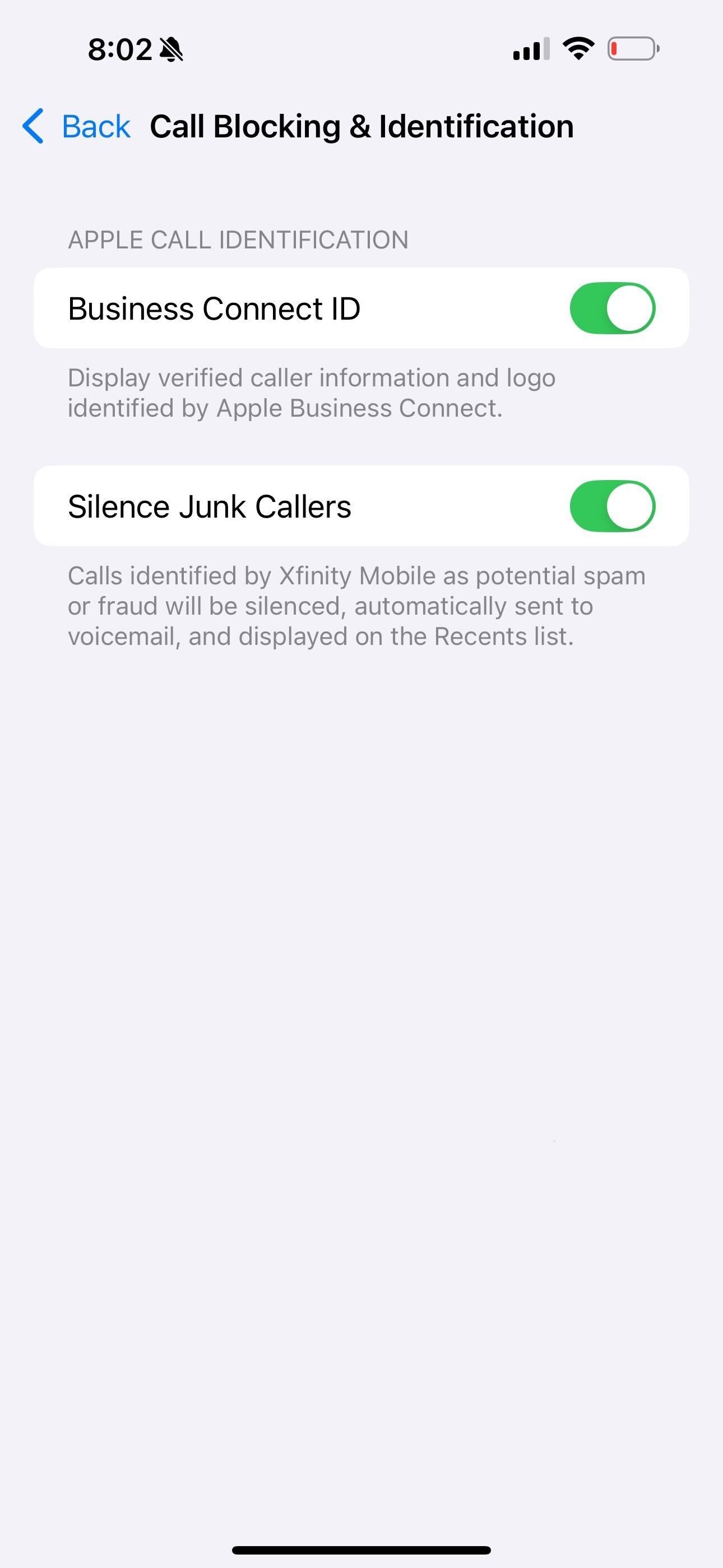 Call blocking and identification page with toggles on iOS