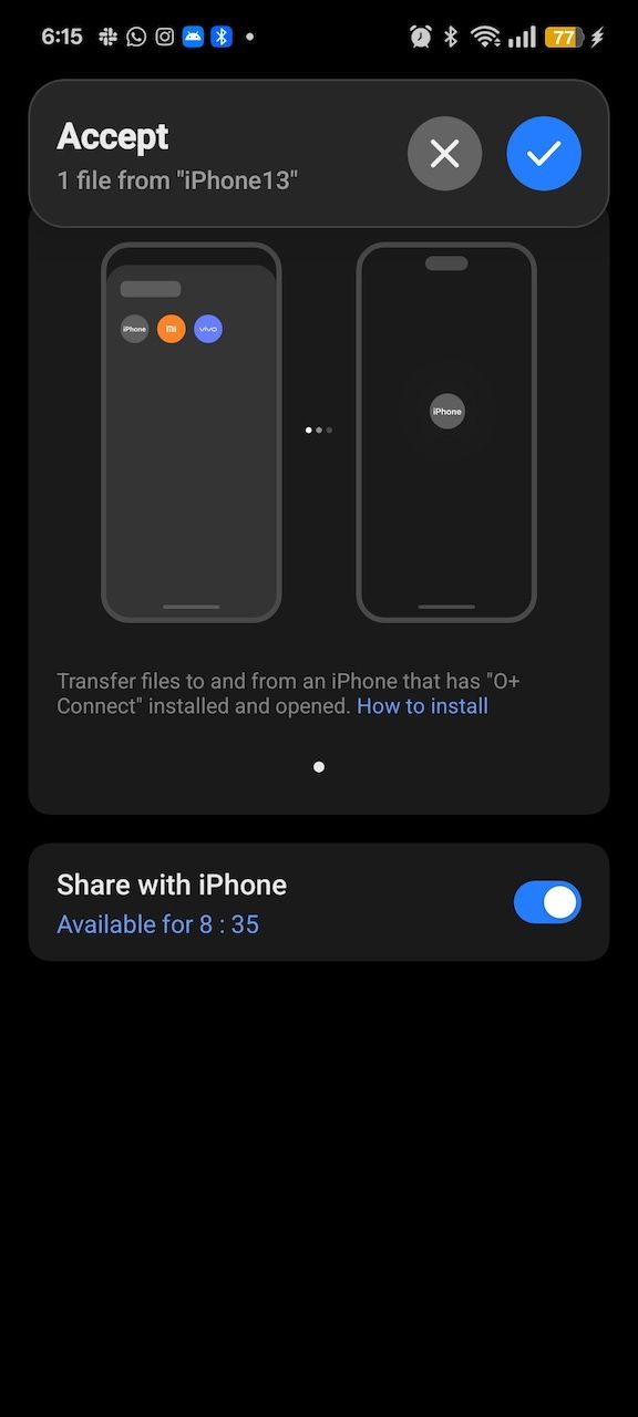 Invitation accept prompt on Realme phone to receive file from iPhone 13