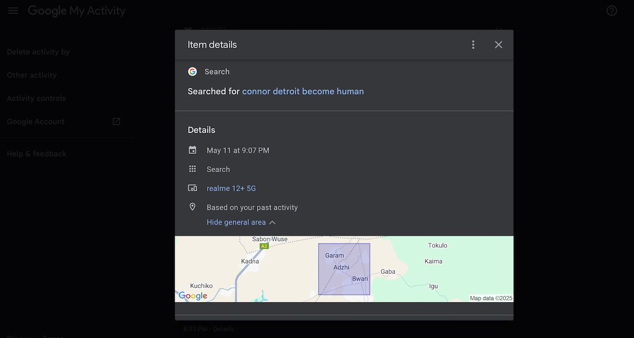Web page showing information about user search keyword and used device on Google My Activity