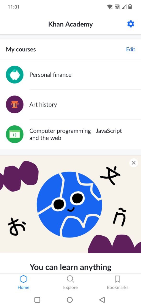 Screenshot of the Khan Academy app showing a list of courses