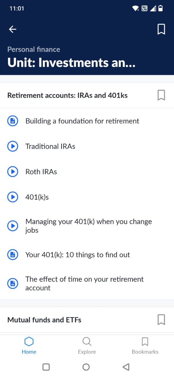 Screenshot of the Khan Academy app showing a chapter on Investments