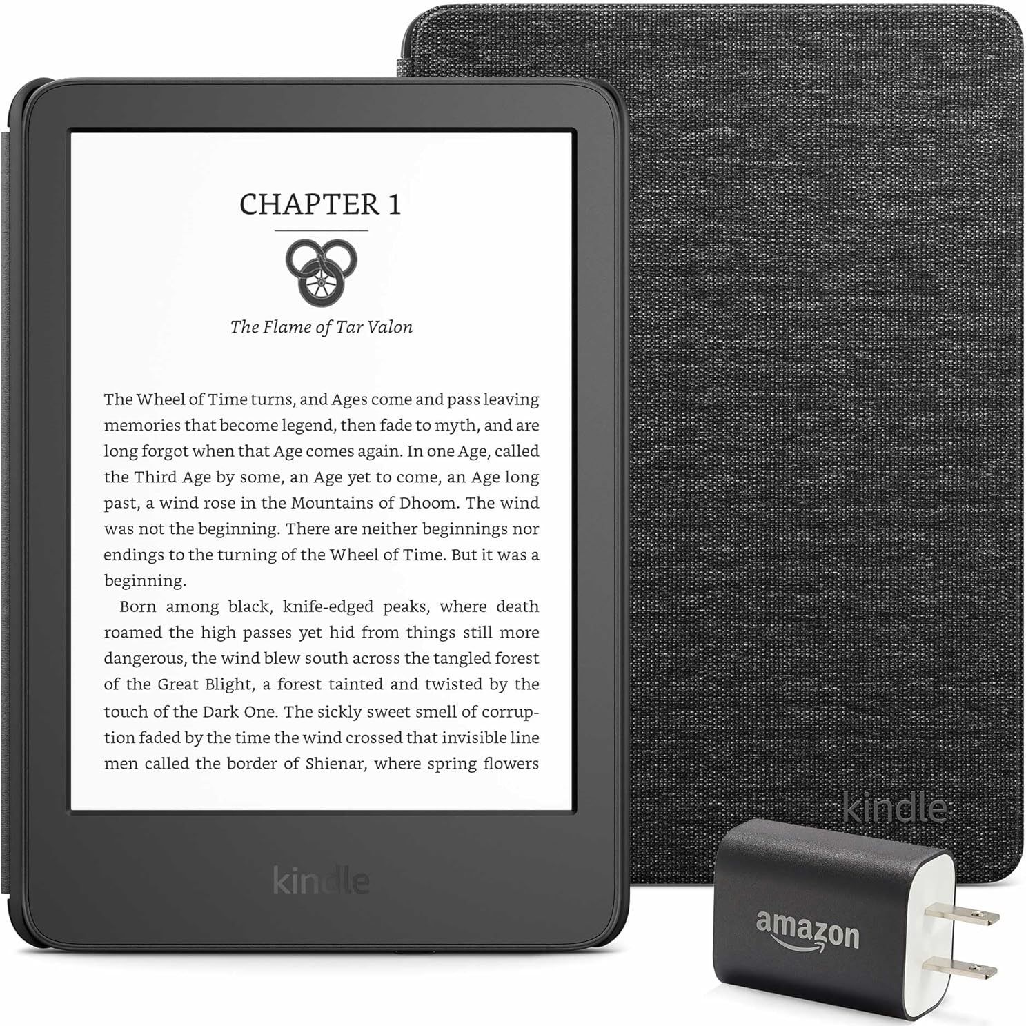 Kindle essentials bundle with e-reader, case, and charging brick against white background