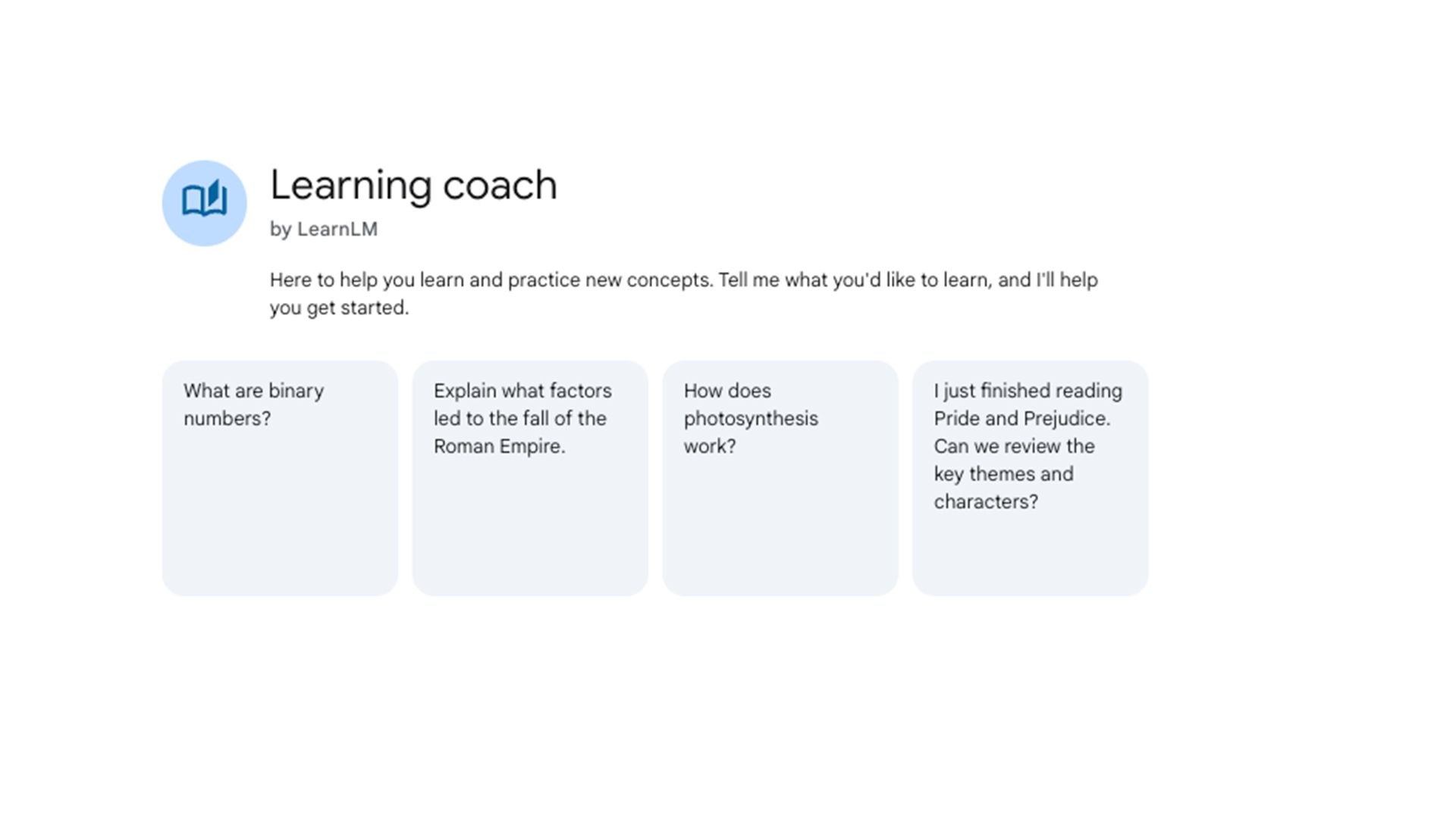 Learning Coach Gem interface with prompts such as explaining binary numbers, the fall of the Roman Empire, how photosynthesis works, and reviewing themes in Pride and Prejudice