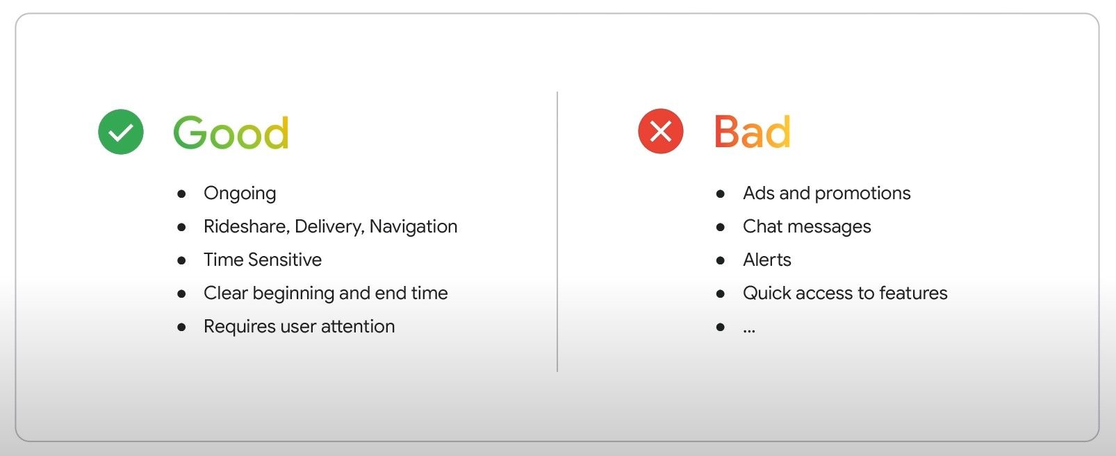 Screenshot highlighting good and bad Live Updates use cases.