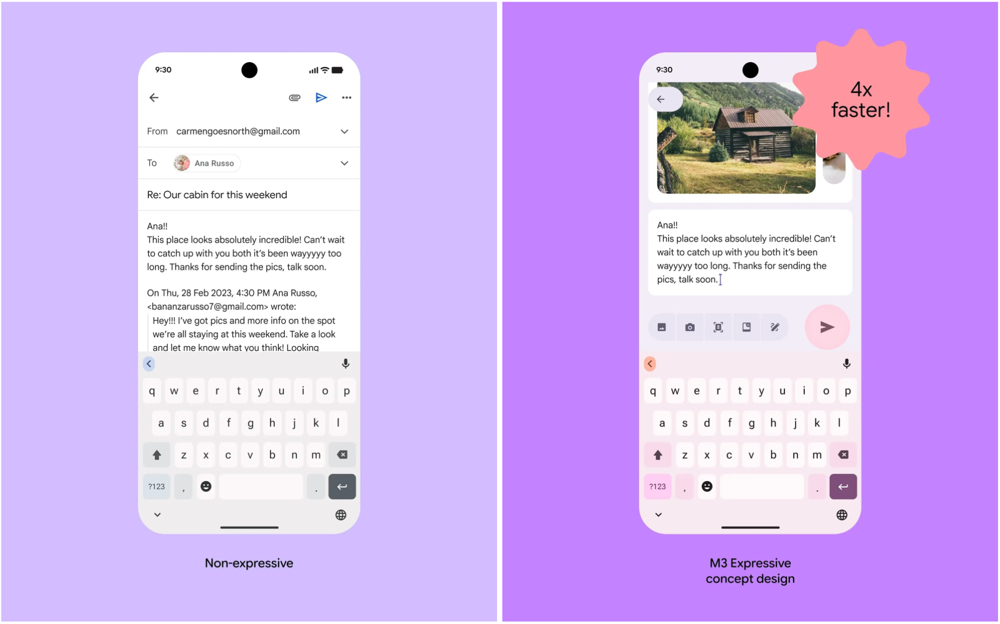 Illustrations of a standard email interface and a Material 3 Expressive email interface.