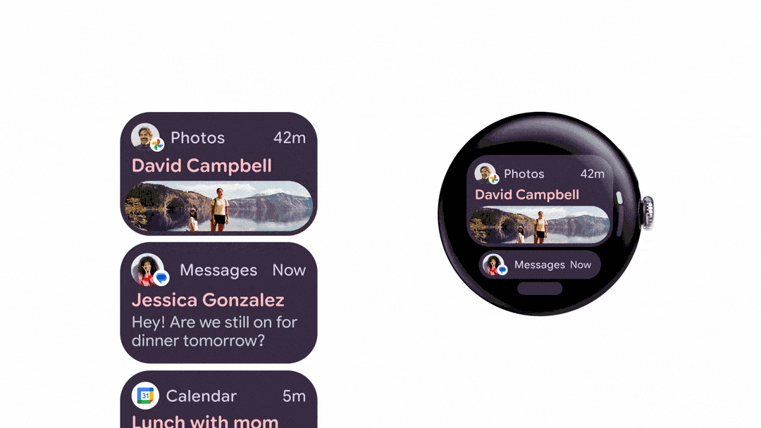 An animation illustrating Material 3 Expressive-style notifications on Wear OS