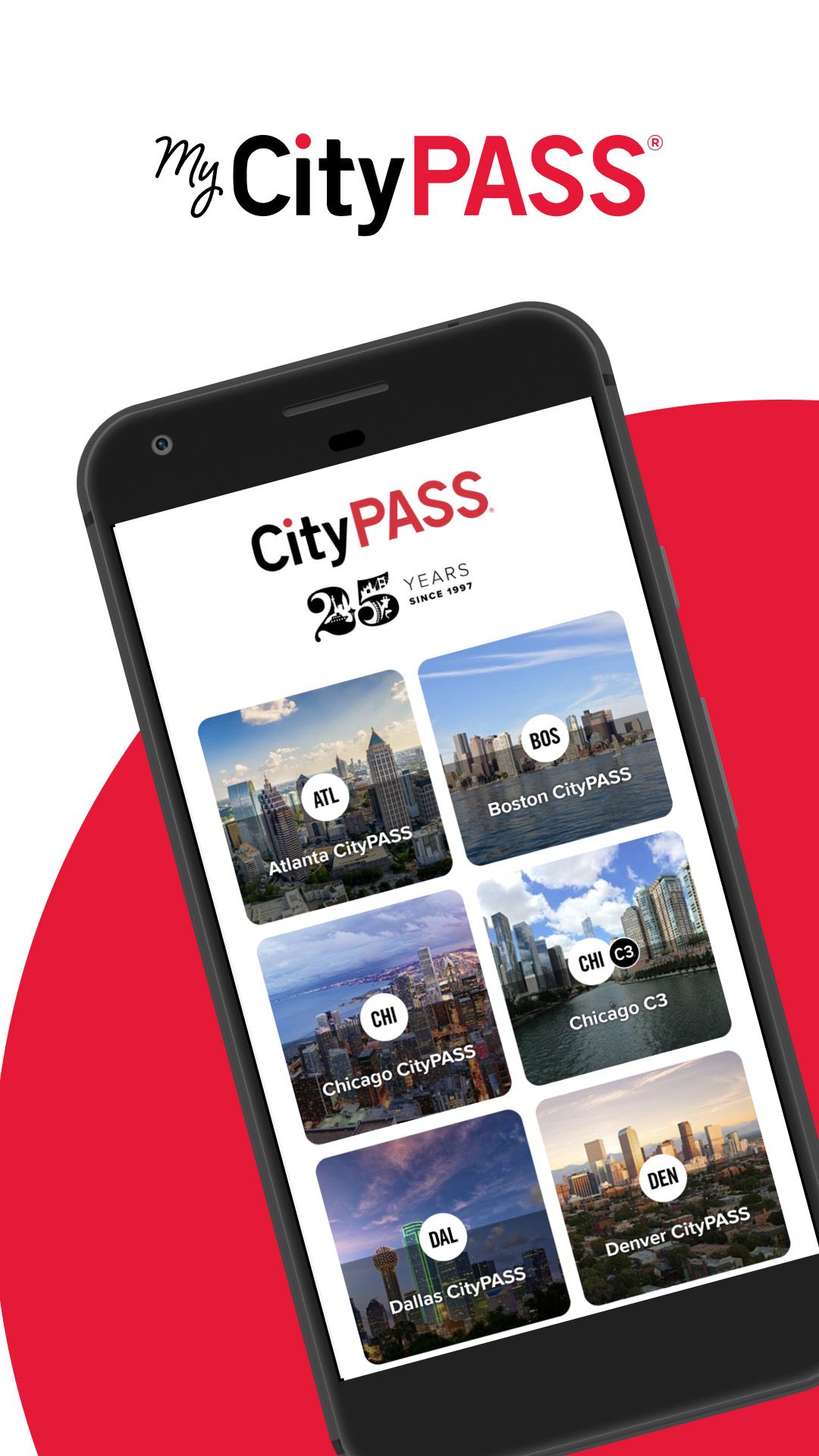 a screenshot of the my citypass app displaying photos of six cities