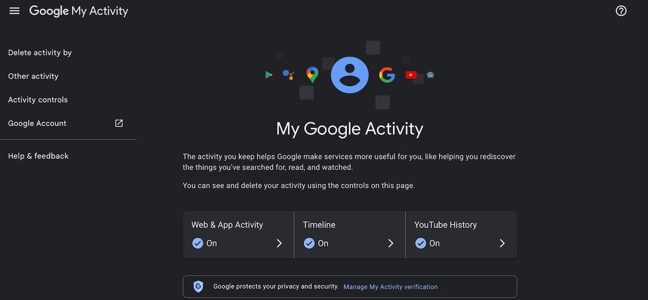 Web page showing My Google Activity header and account settings