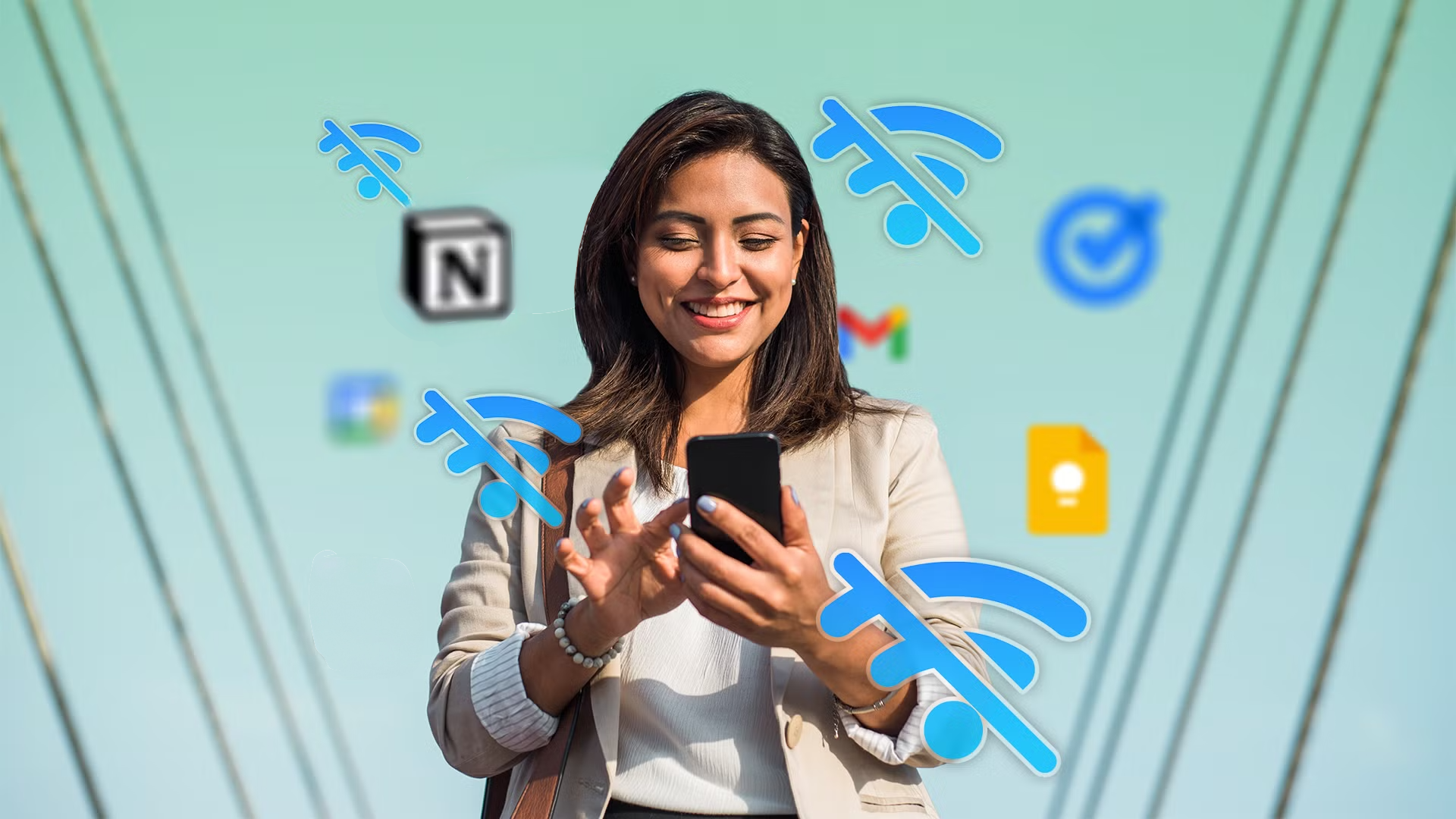A person in a blazer looks at their phone. The person is in front of a teal background with various app icons