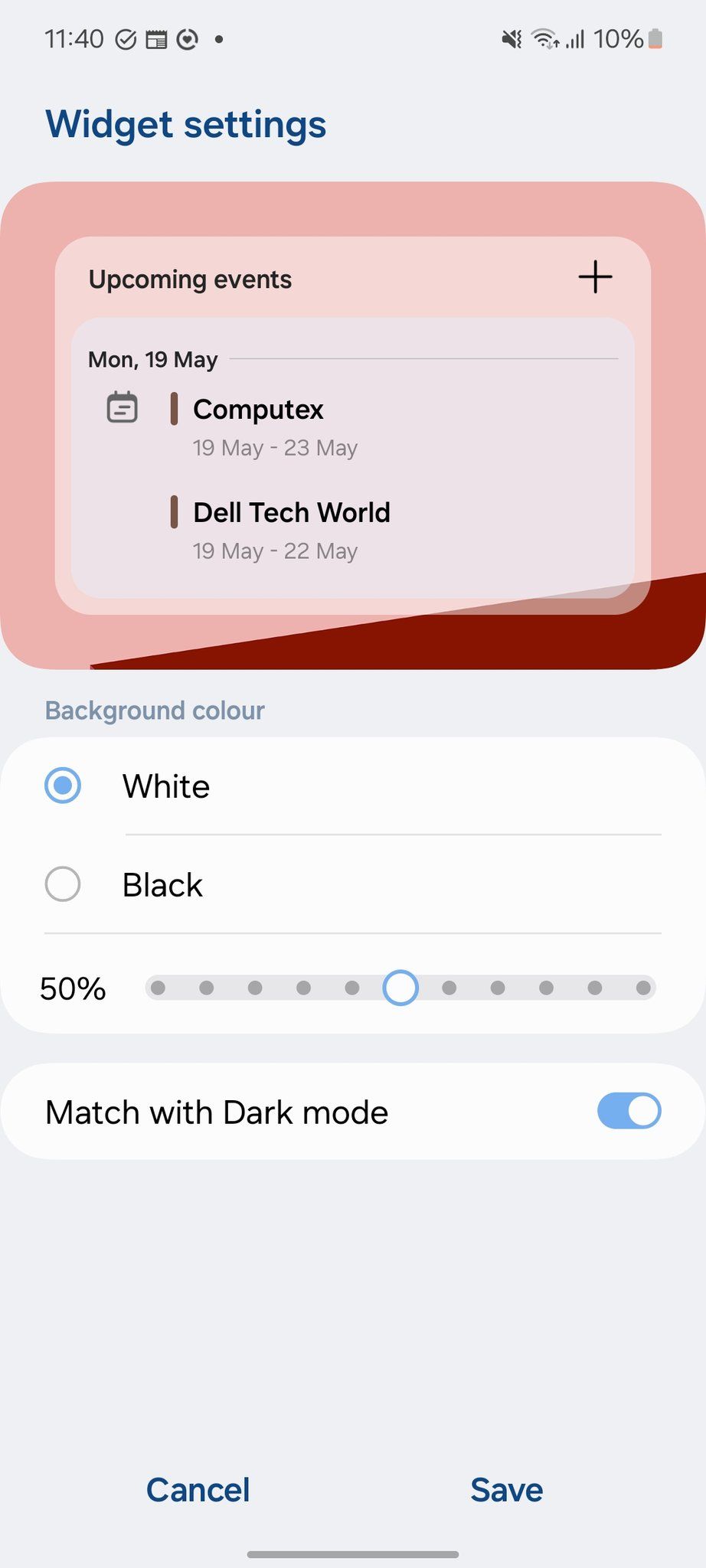 Widget transparency setting in One UI 6