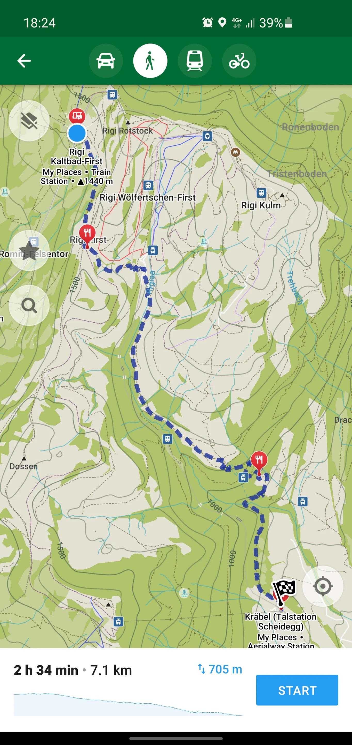 as screenshot of the organic maps app displaying a route and terrain map