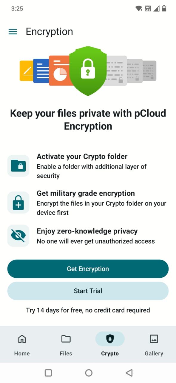 PCLOUD应用程序中的加密加密页面的屏幕截图
