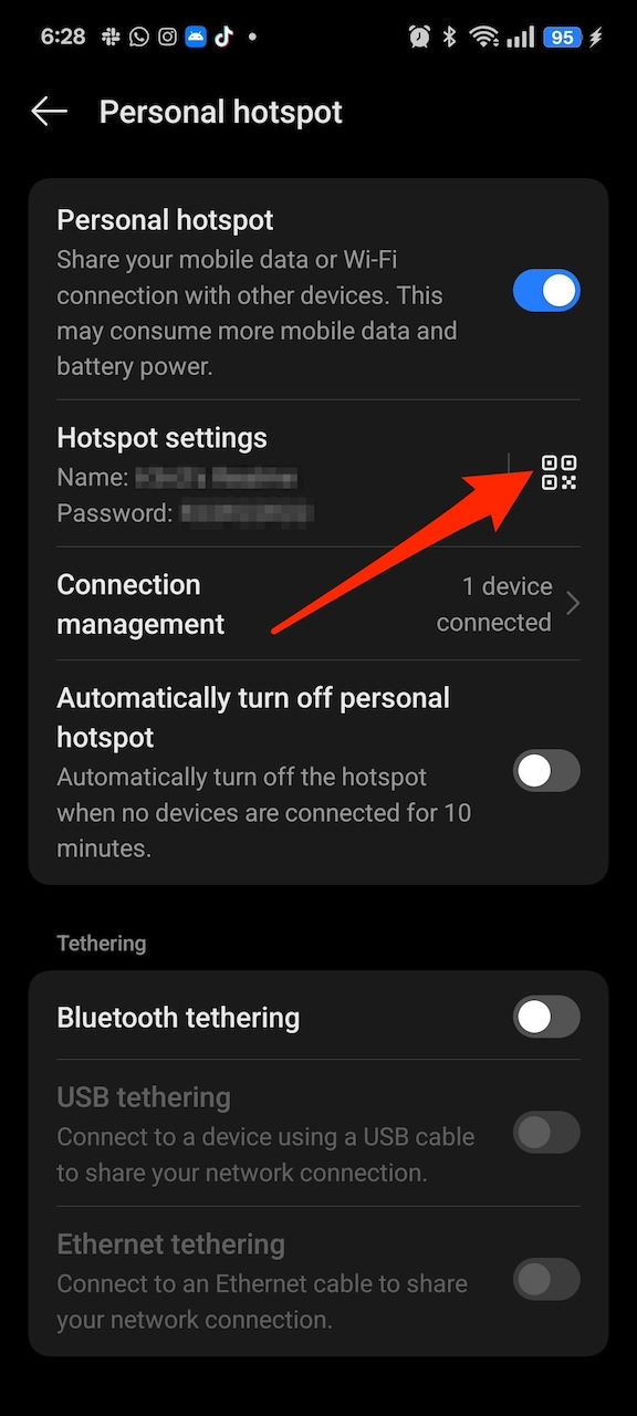 Menu showing hotspot settings with red arrowing pointing at tiny QR code on Realme phone