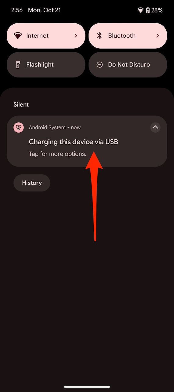 Notification panel on Pixel UI showing USB charging notification