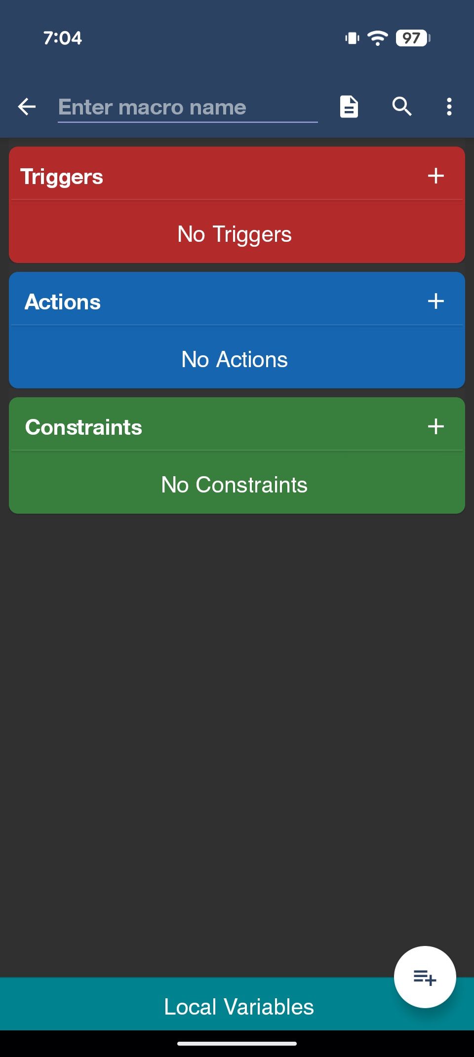 MacroDroid interface showing empty triggers and actions list