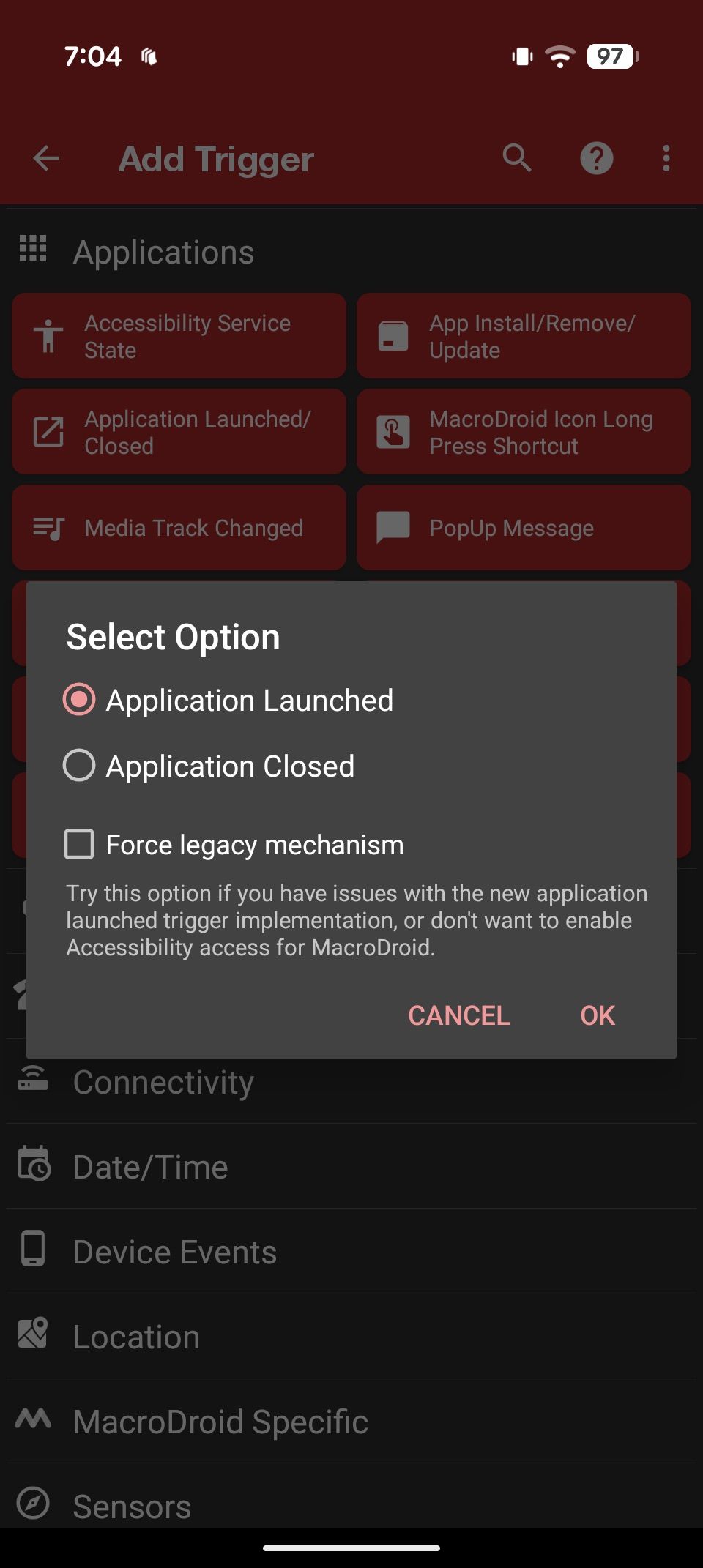 Trigger selection menu with app and connectivity options