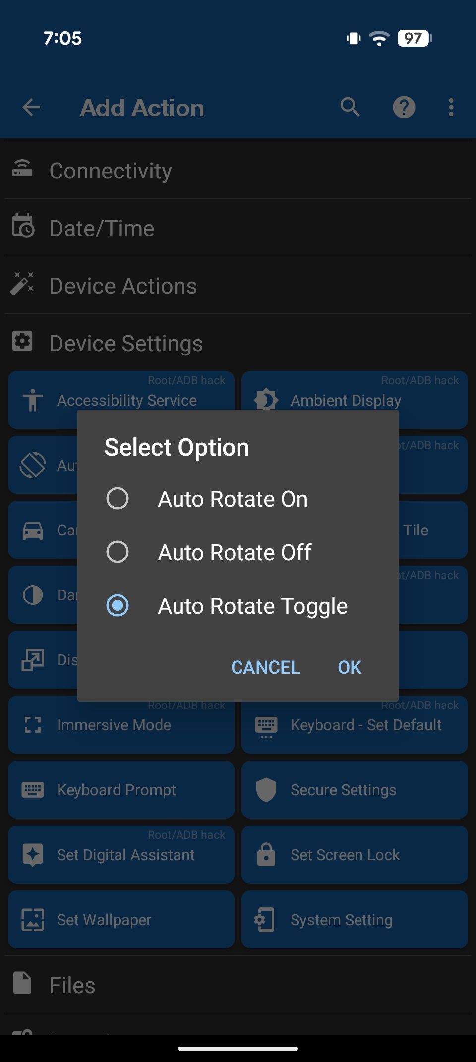 Action menu with auto-rotate toggle and device settings