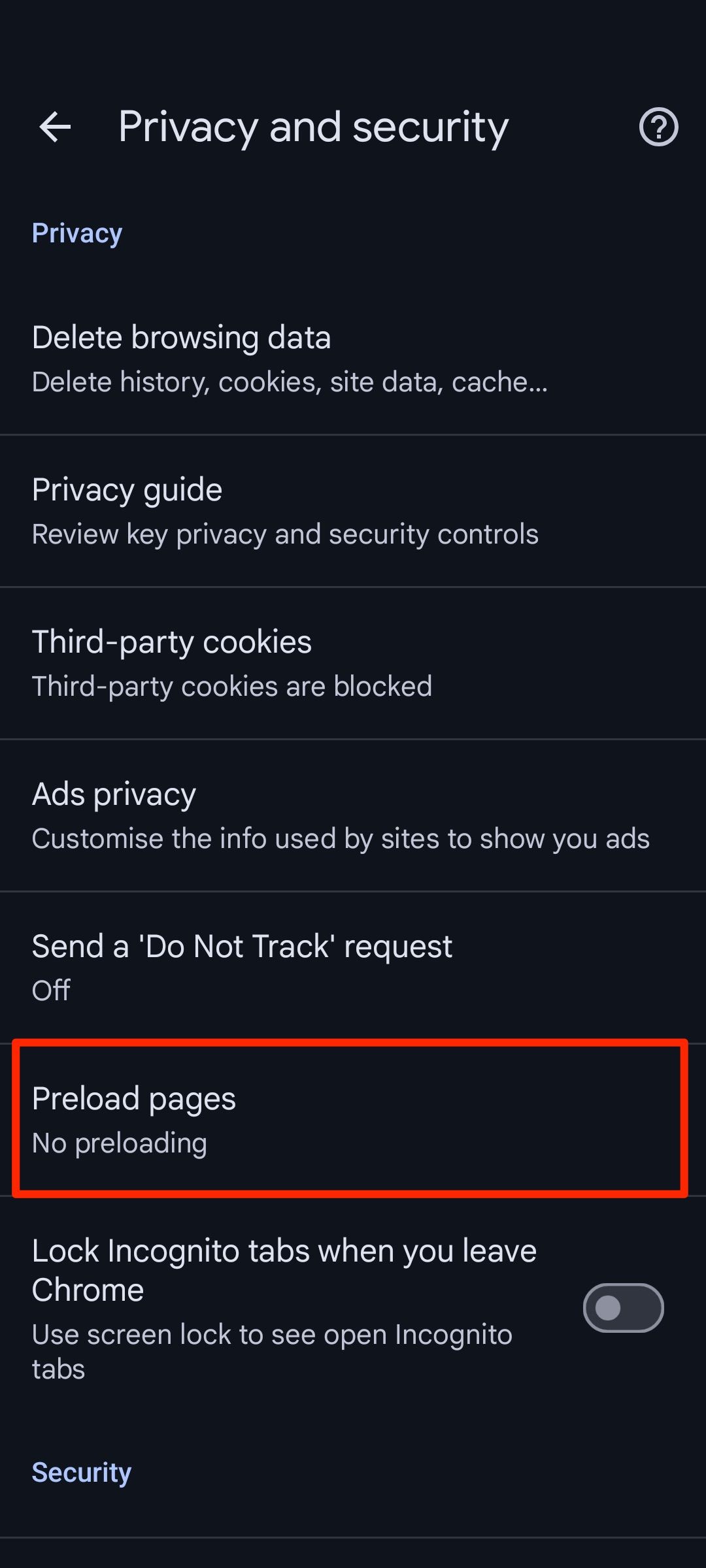 Red box highlighting Preload pages option in Google Chrome privacy and security menu