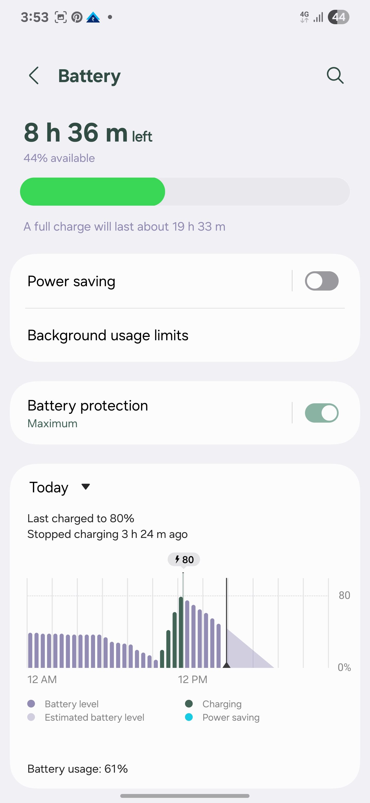 Battery menu in Samsung phone