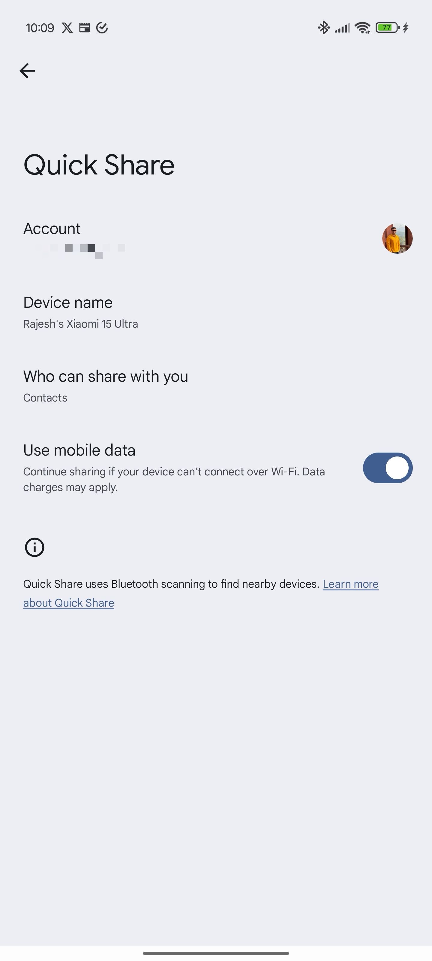 Quick Share mobile data toggle