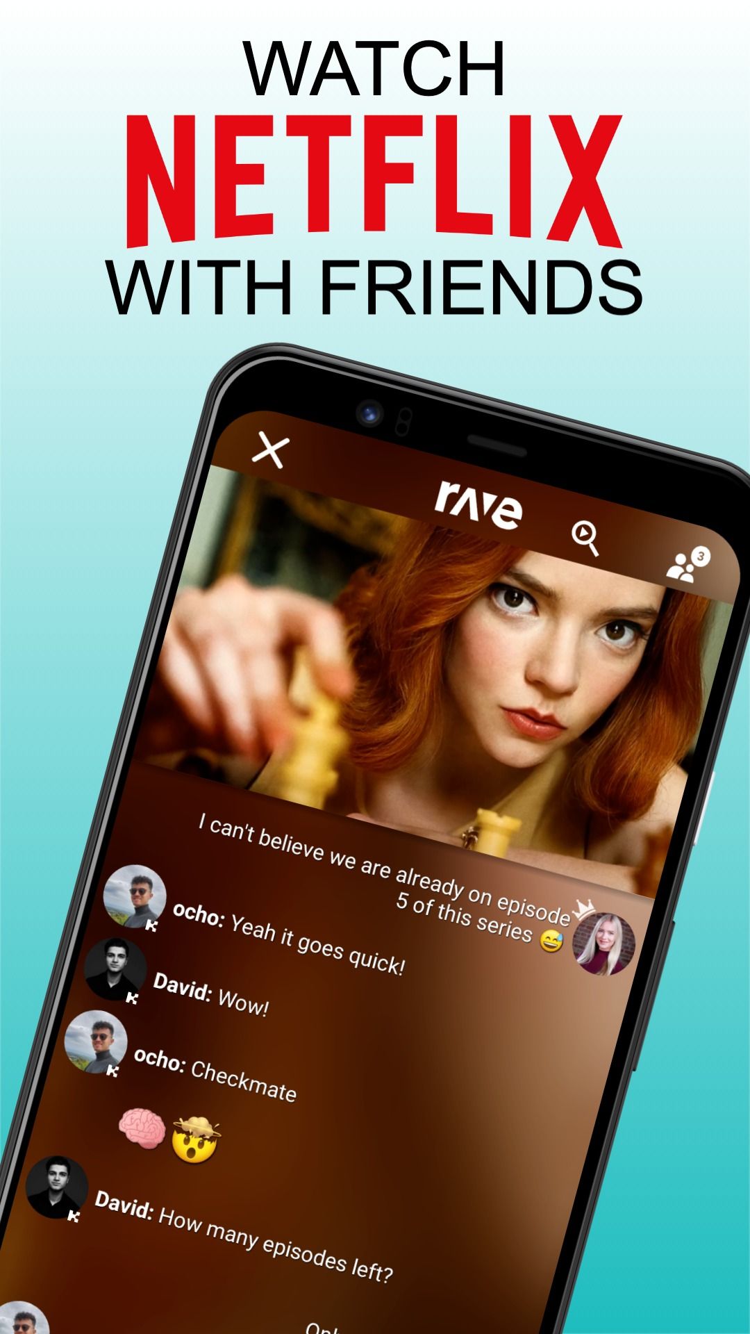 Rave app showing the UI with a Netflix video