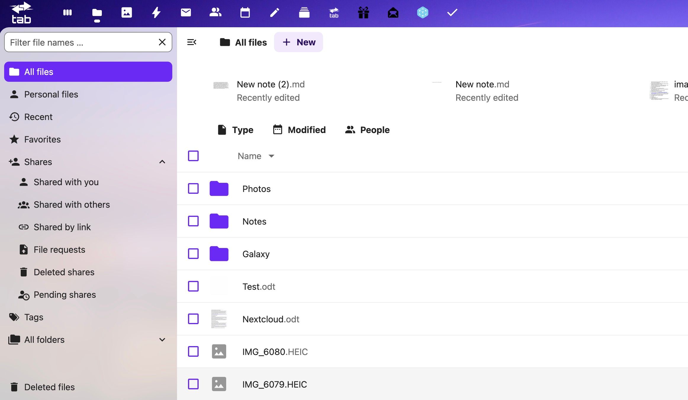 Files menu on Nextcloud web