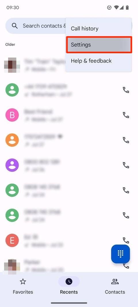 Red box highlighting settings option on Google Phone app