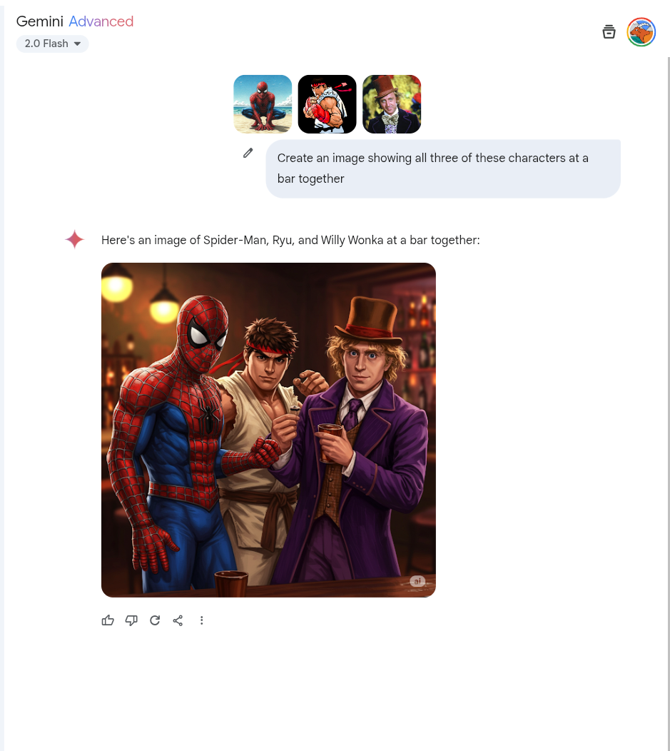 A Gemini interface showing an image generated of three fictional characters in a bar.