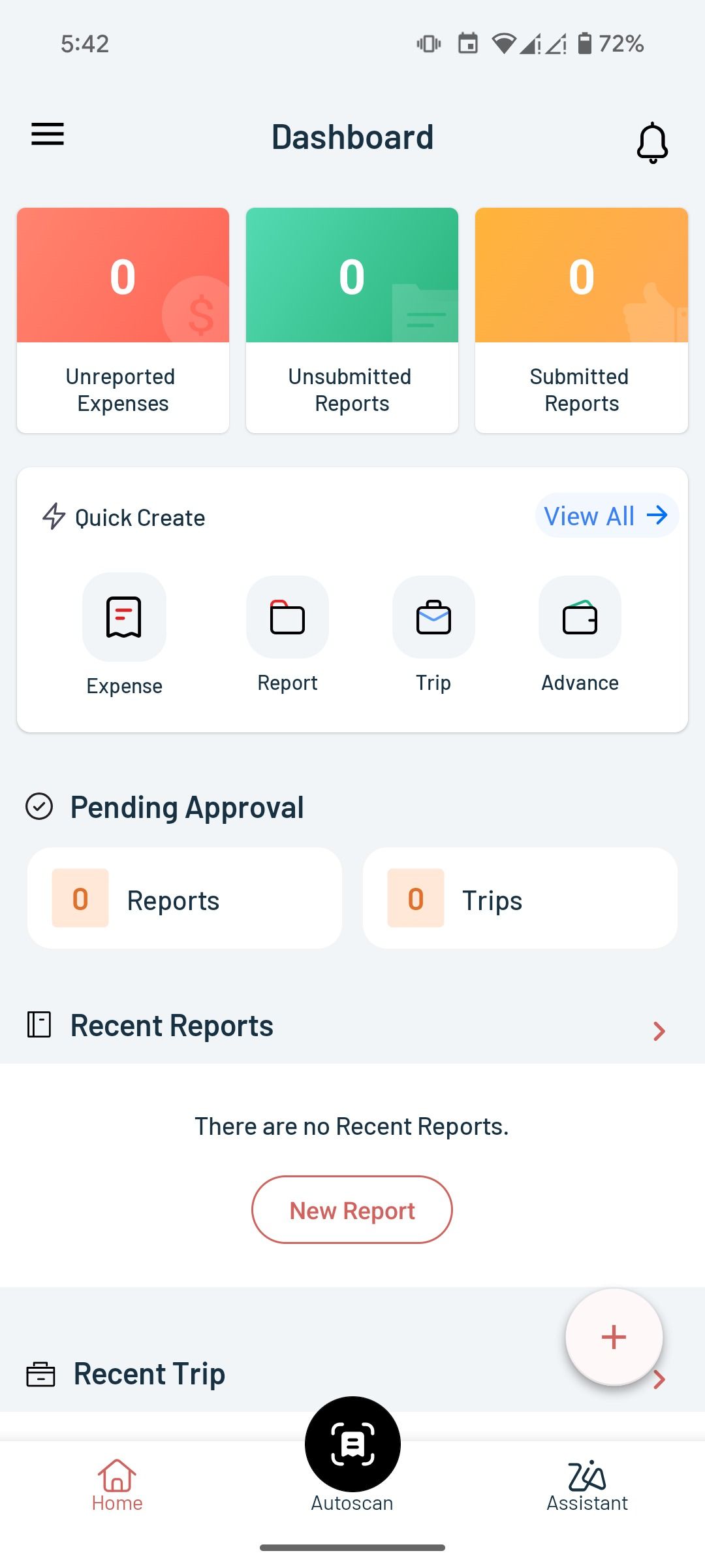 Main menu in Zoho expenses