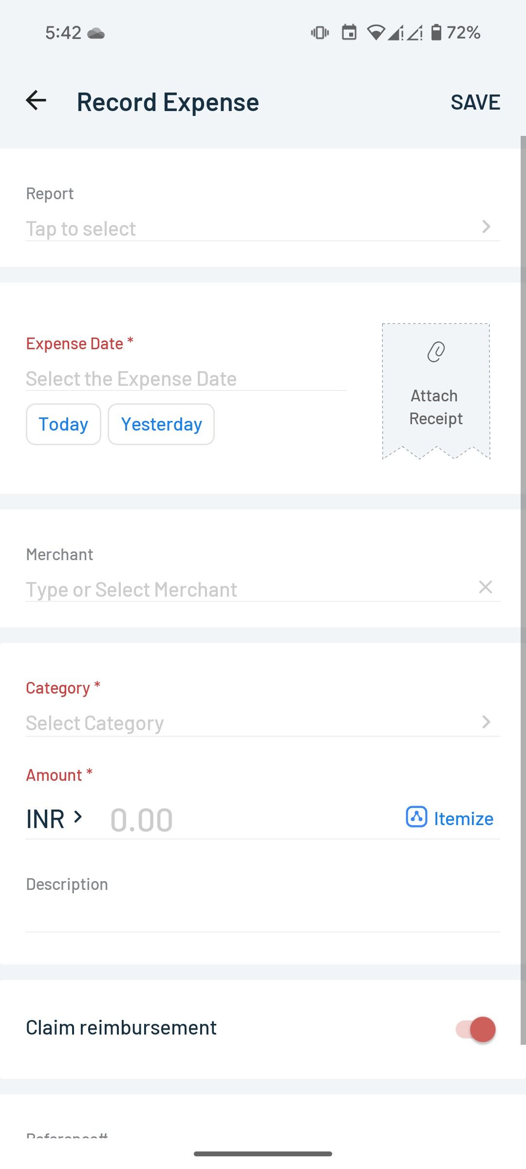 Insert an expense in Zoho