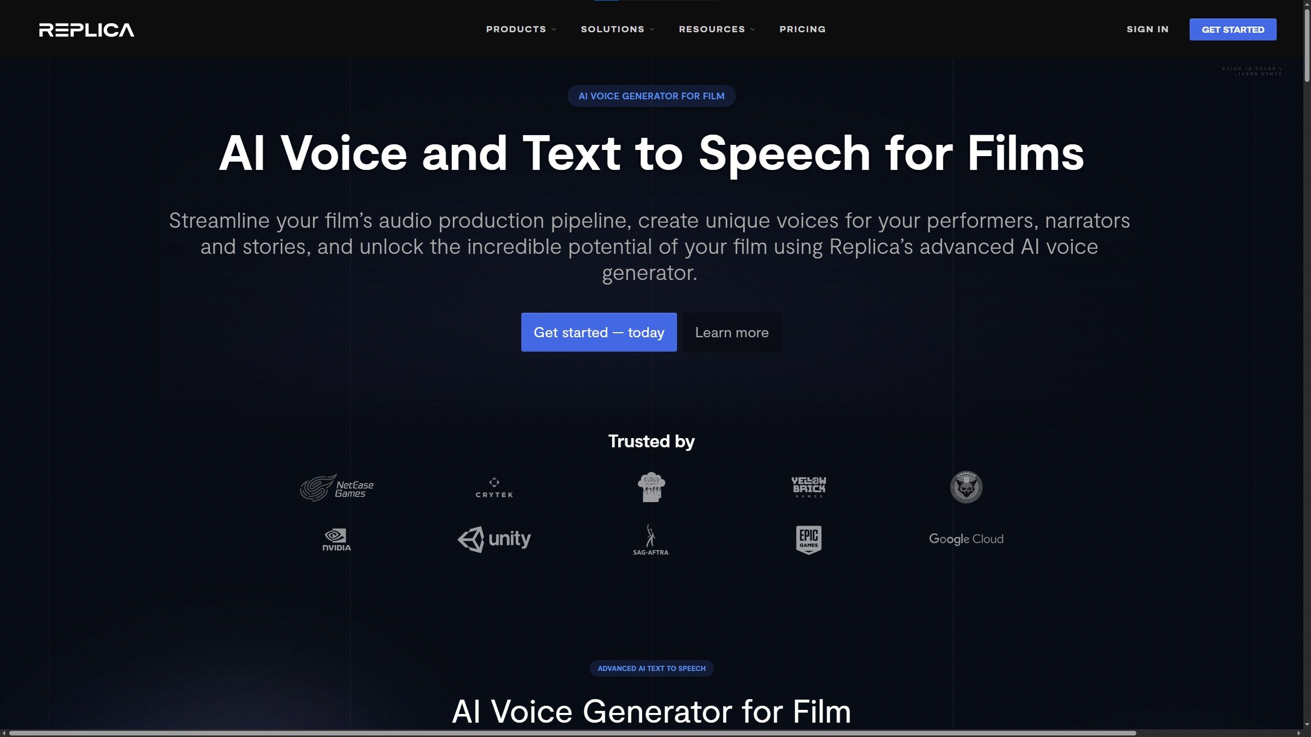 A screenshot of the webpage for Replica AI-generated voices in film.