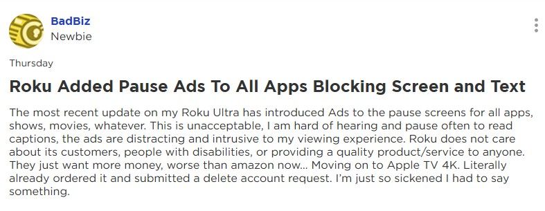A screenshot highlighting an unhappy Roku user's complaint post about seeing pause-screen ads.