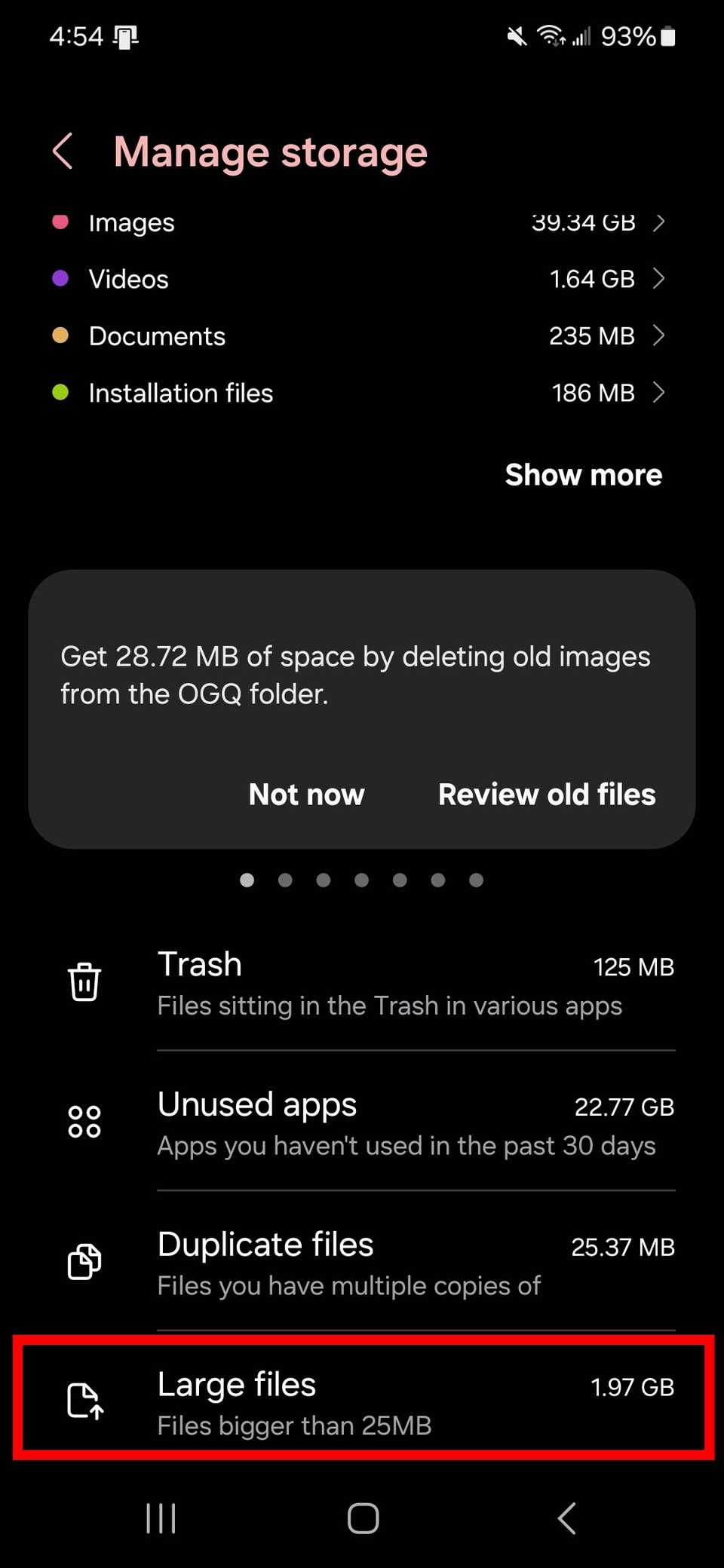 Large files tab in My Files