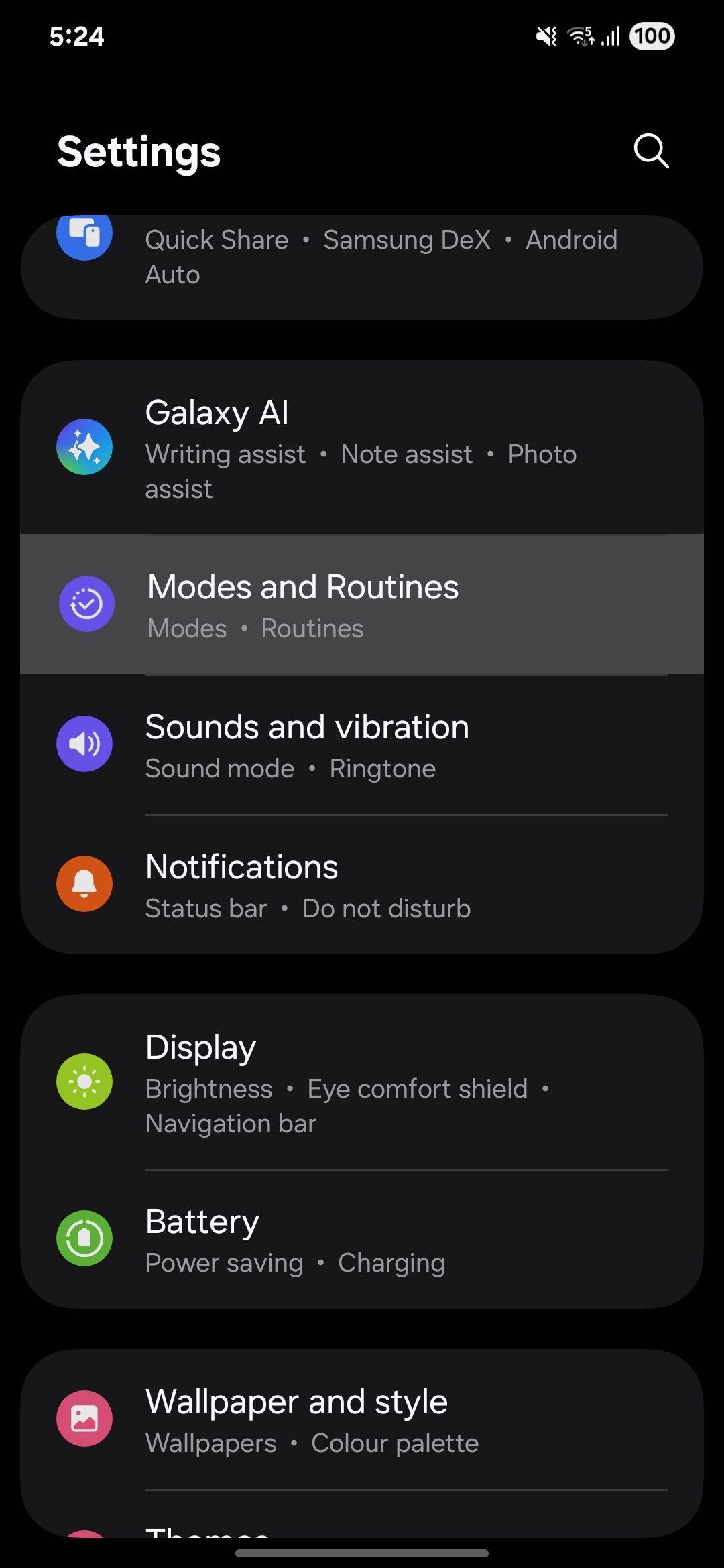 Android Settings menu showing Galaxy AI and Quick Share