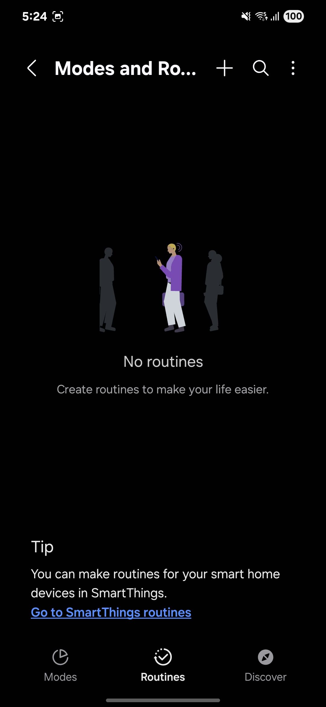 Empty Modes and Routines screen with SmartThings tips