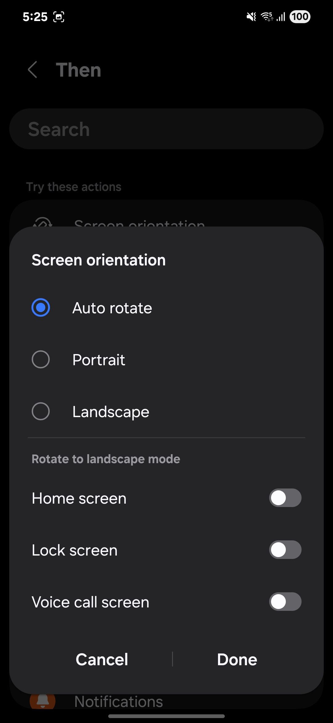 Screen orientation options for a routine action setup