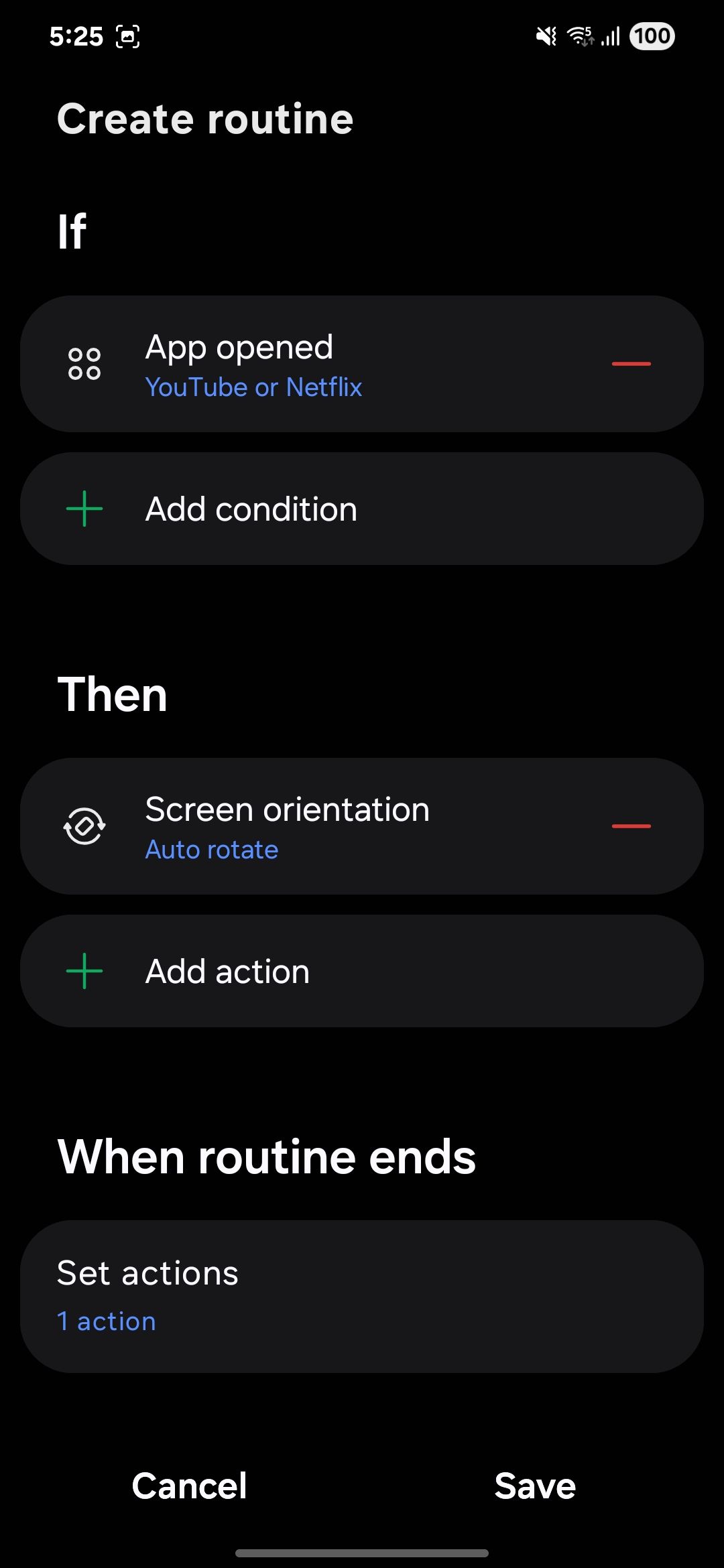 Routine creation screen with YouTube/Netflix trigger and rotation action