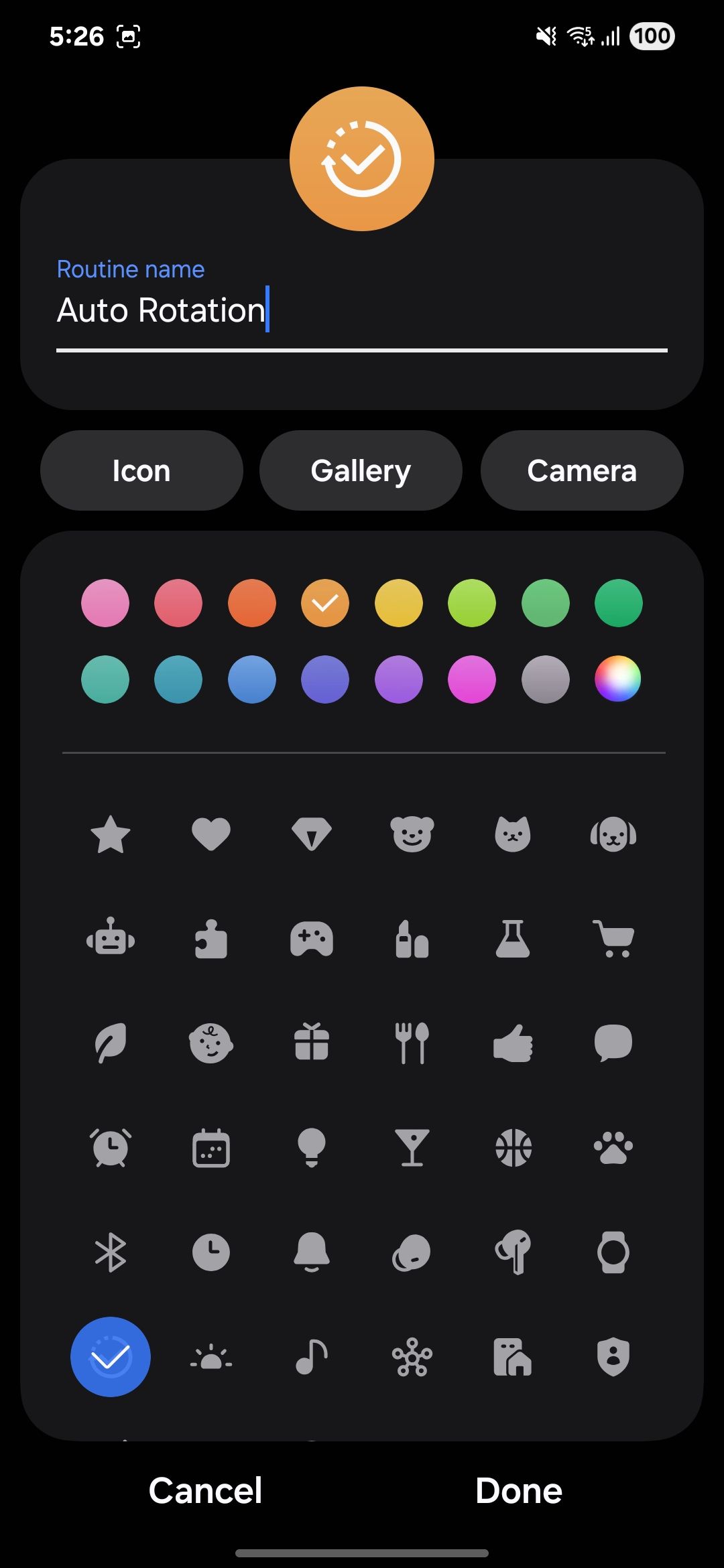 Naming a new routine 'Auto Rotation' with icon options