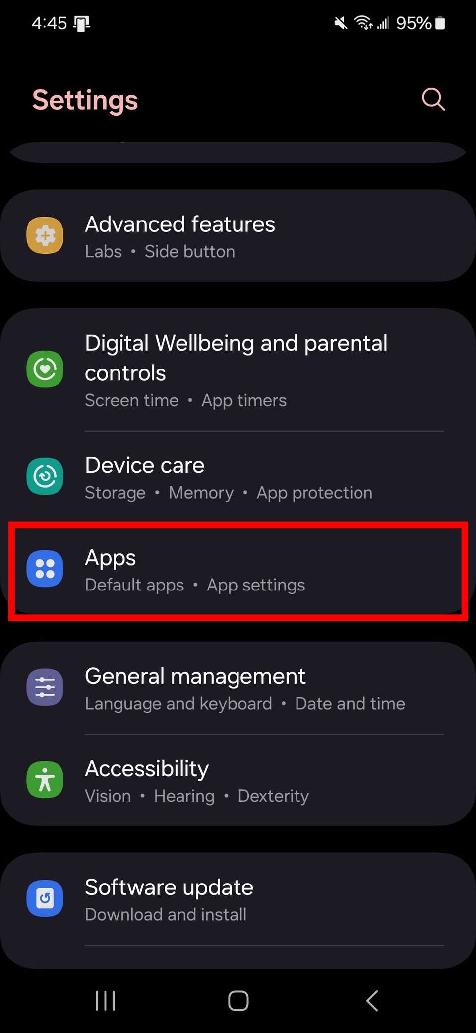 Settings menu on Samsung
