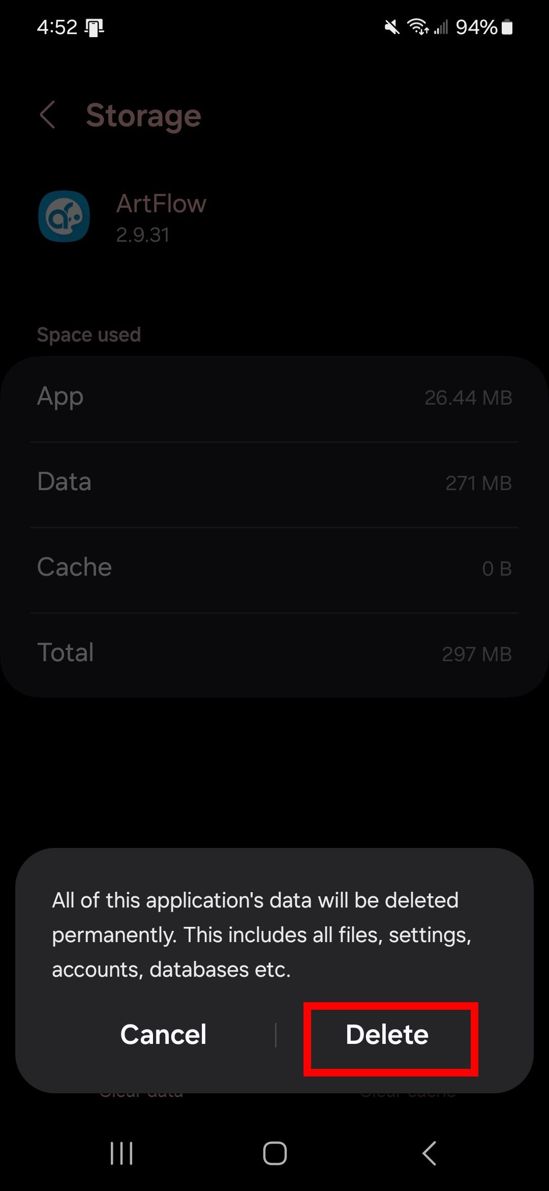 Highlighting the Delete option after Clear cache option for an app