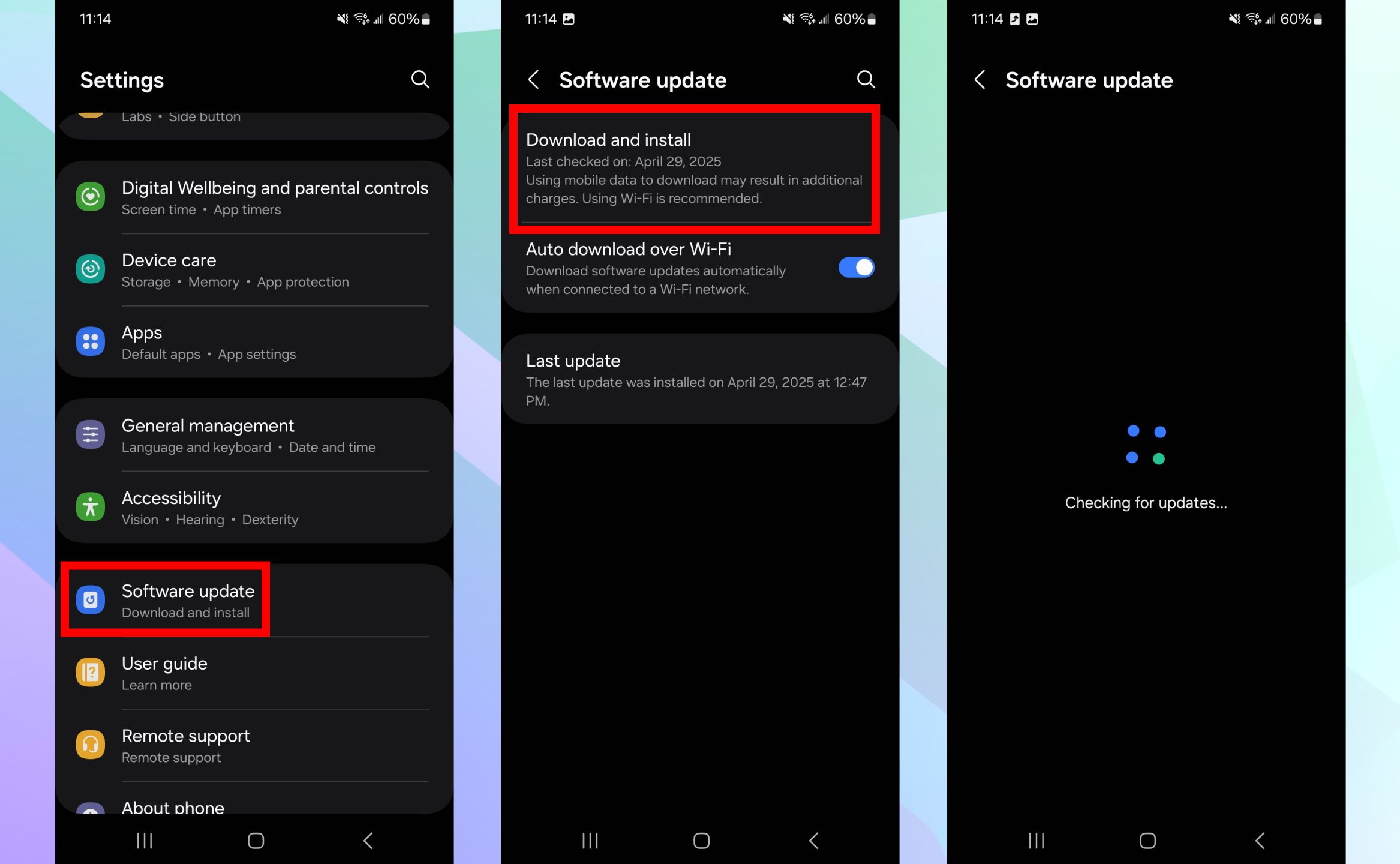 Screenshots highlighting Samsung's software update.