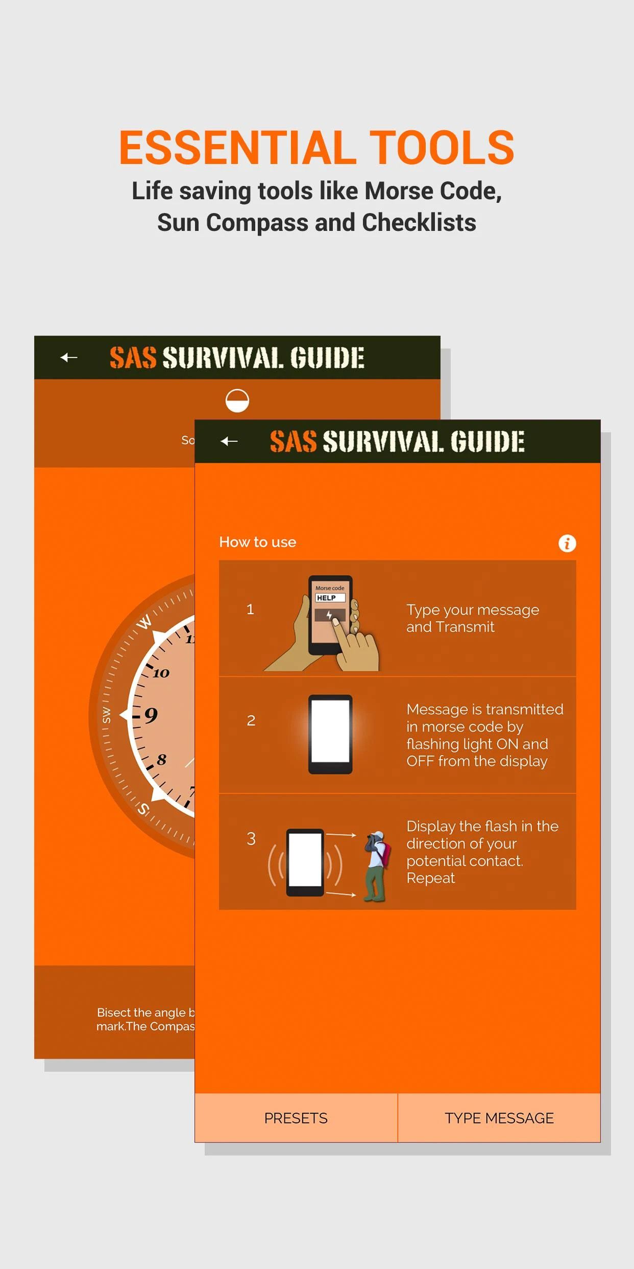 a screenshot of the sas survival guide app displaying compass, morse code, and essential tools
