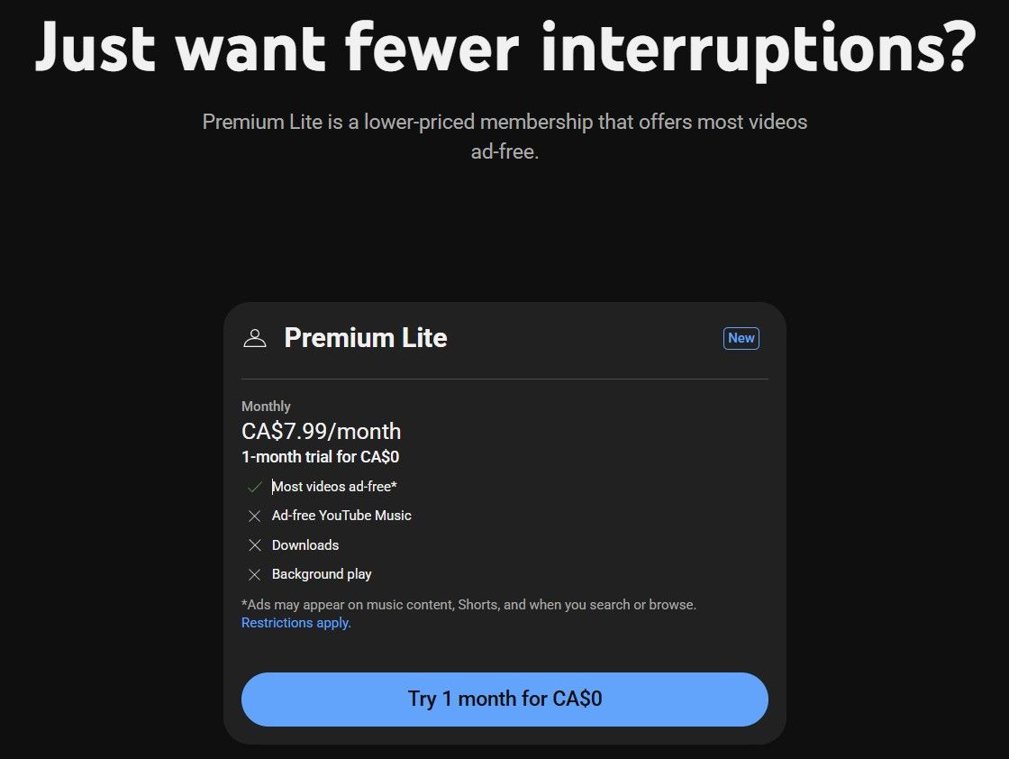 A screenshot hjighlighting the YouTube Premium Lite plan in Canada.